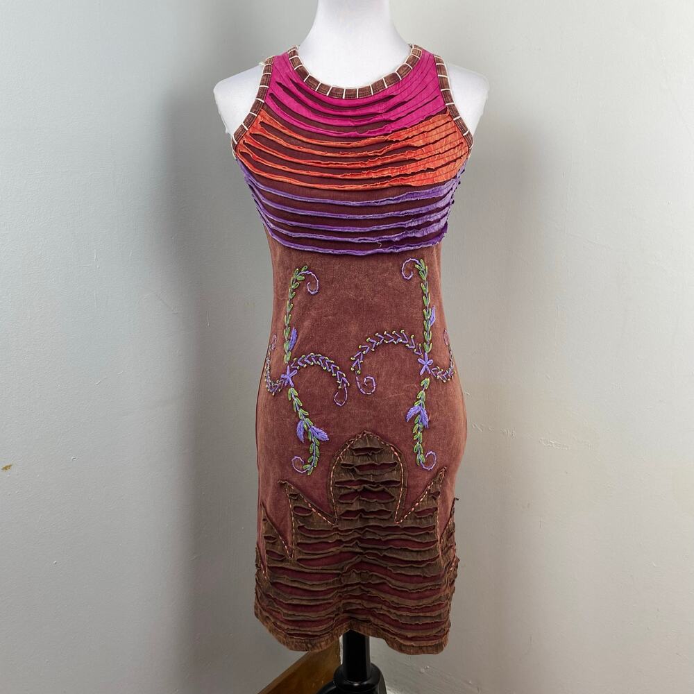 KPC Boho Multicolored Razor Cut Handcrafted Embroidered Dress Small